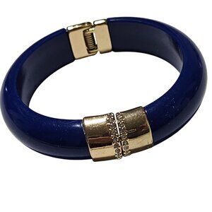 Retro Blue Resin Bangle Bracelet Gold Tone Rhinestone Accent Hinge Cuff Fashion